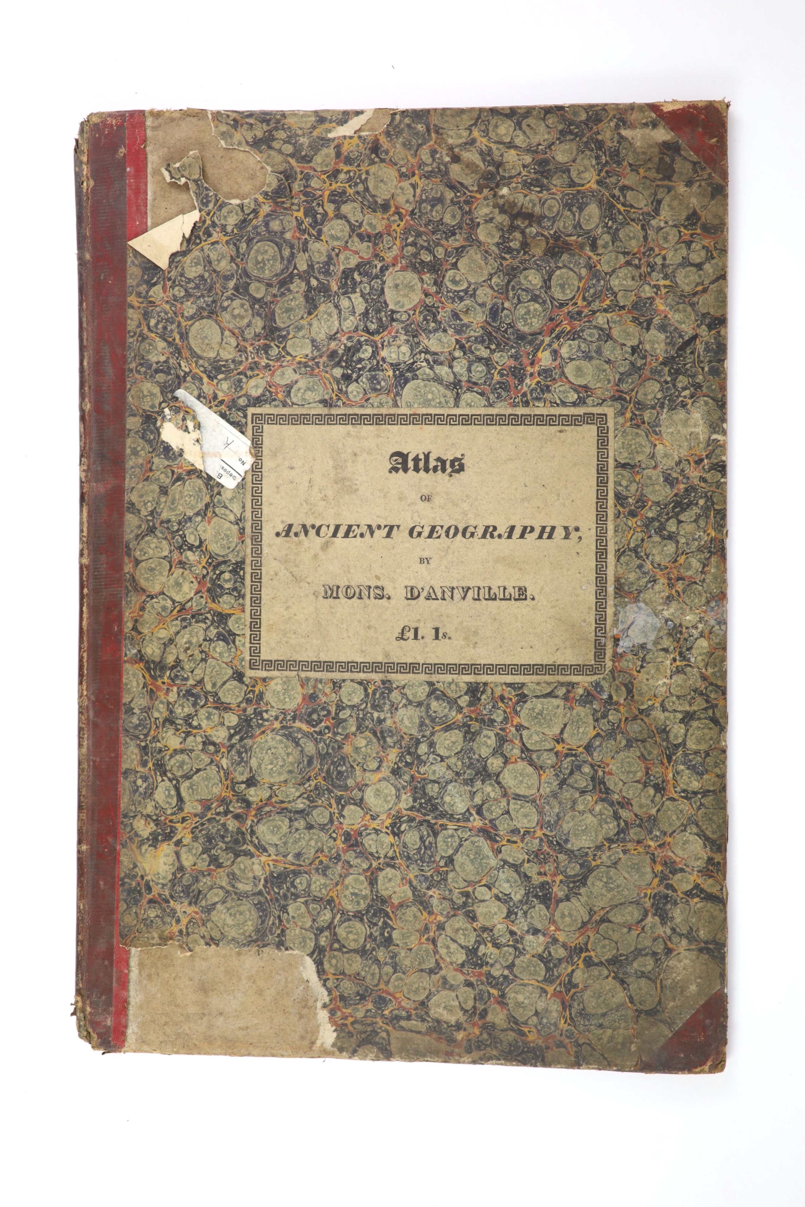 d’Anville, Jean Baptiste Bourguignon - An Atlas of Ancient Geography, folio, half red morocco, marbled boards, scuffed and torn, with 11 coloured engraved maps, J. Hearn, London, nd